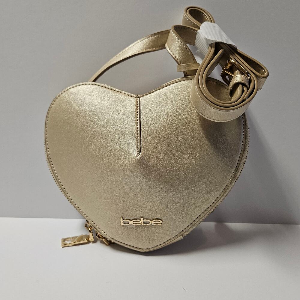 Bebe Milan Gold Heart Crossbody Bag Metallic Faux Leather Charms